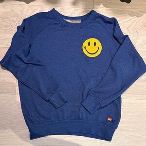 Aviator Nation Blue Crew Neck Sweater with Yellow Smiley